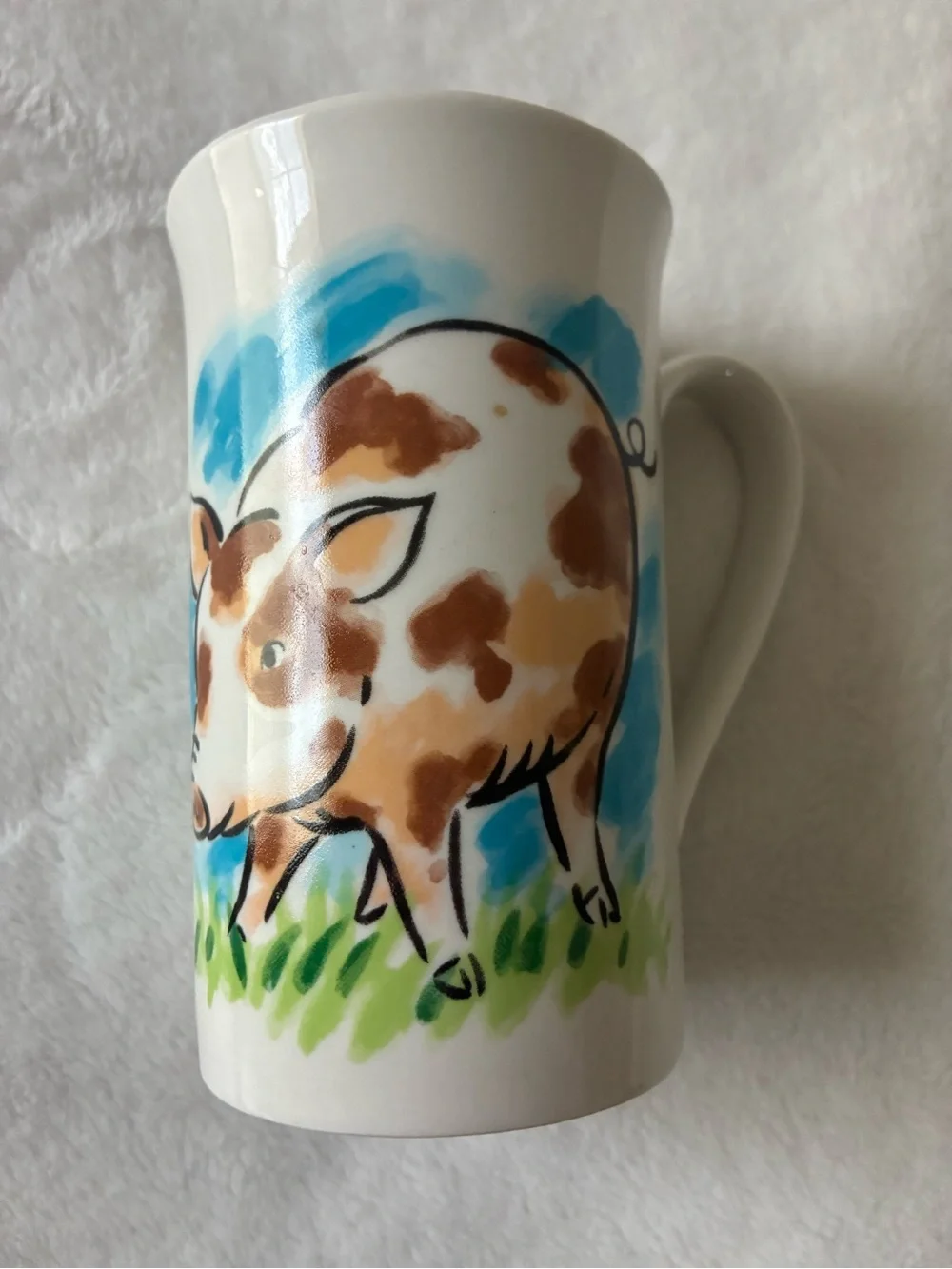 Farm Animal Ceramic Mugs in White with Cow and Pig Artwork